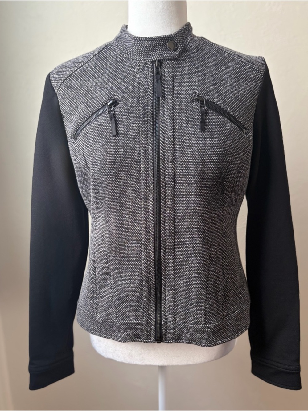 Alfani Moto Jacket Black Gray Textured Knit Zip Front Stretch Womens 8